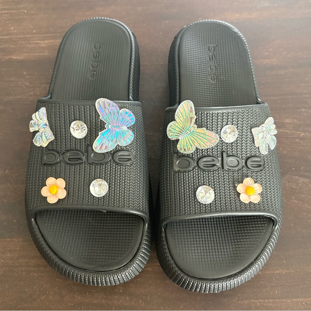 Bebe Black Slides w/ Butterfly Floral Rhinestone Embellishments NWOT